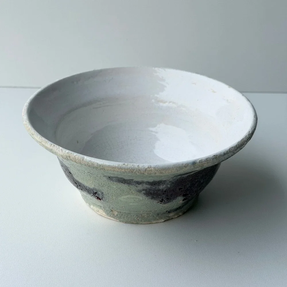 Vintage Studio Pottery Bowl Wabi Sabi Glazed Green Purple White Rustic Cottage